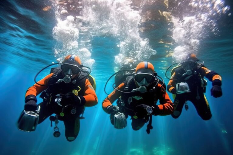 Certified scuba diving instructor guiding a student through training exercises in the pool