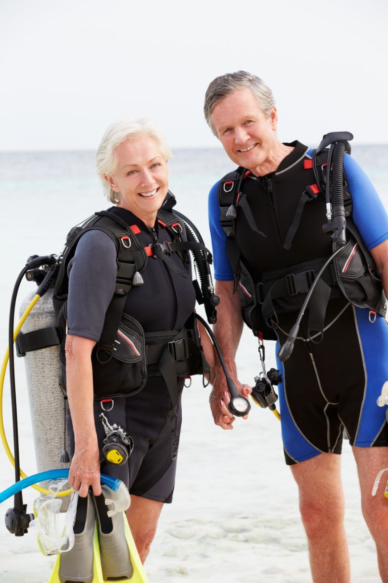 Couple wearing scuba diving equipment